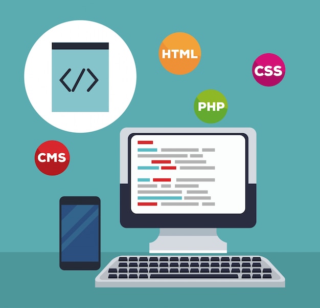Color background tech computer with icons programming language and mobile phone 