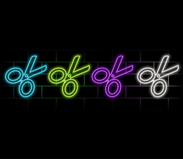 Color neon line Scissors icon isolated on black background Cutting tool sign Set icons in square but