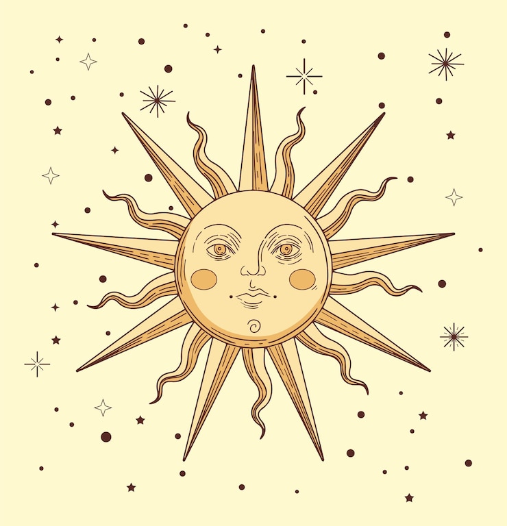 Vektor colored illustration in semimedieval style with stylized sun and starts