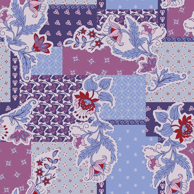 colorful abstract hand drawn seamless patchwork pattern with floral ornaments
