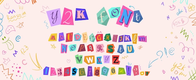 colorful anonymous cutout font in y2k trendy style vector magazine alphabet with cut out