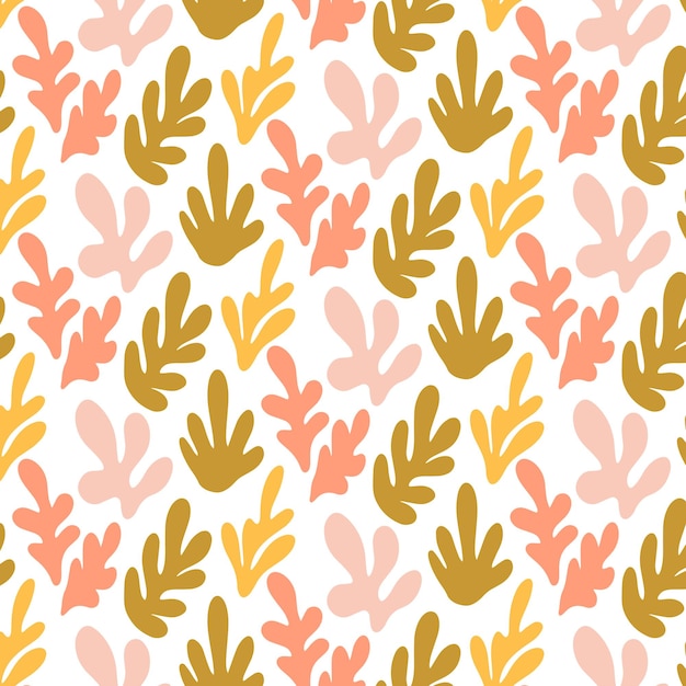 colorful leaf pattern featuring organic shapes in shades of pink gold and green against clean white