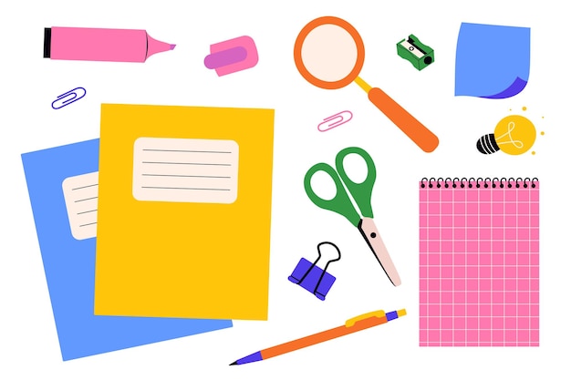 Colorful set of school stationery and accessories Vector illustration collection of study tools