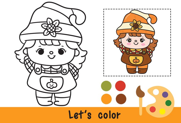 Coloring Autumn girl fall season with pumpkins Activity pages for kids