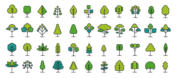 Colourful flat tree icon set minimalist linear trees in modern geometric design