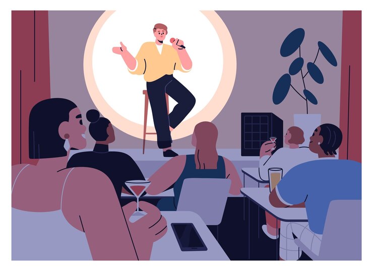 Vektor comedian at open mic comedy show audience listening to jokes humor monologue night concert of comic speaker at microphone sitting on stool on stage telling stories flat vector illustration