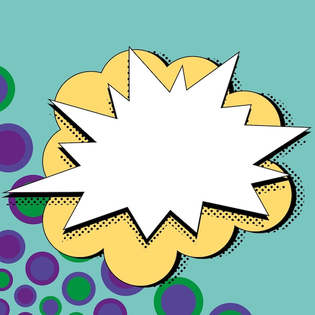 comic blank speech bubble with copy space and colorful doodles design of empty template in explosion framework representing social media messaging and connecting