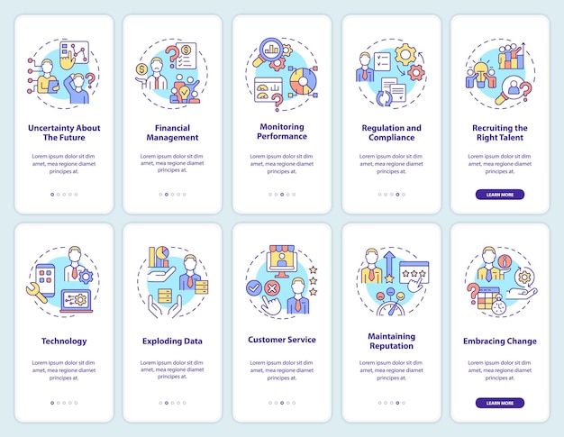 common business problems onboarding mobile app screen set management walkthrough 5 steps graphic instructions pages with linear concepts ui ux gui template myriad probold regular fonts used