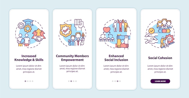 community development benefits onboarding mobile app page screen with concepts.