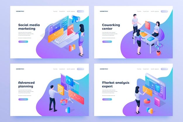 Company development isometric landing page templates set Social media marketing coworking centre advanced planning market analysis expert Working firm employees cartoon characters