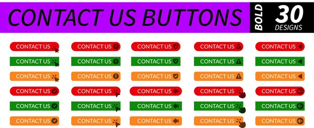 complete set of contact us buttons with hand pointer arrow pointer and other related icons in bold
