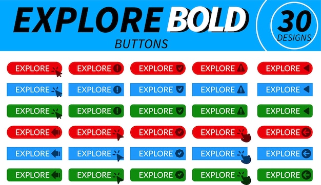 complete set of explore buttons with hand pointer arrow pointer and other related icons in bold
