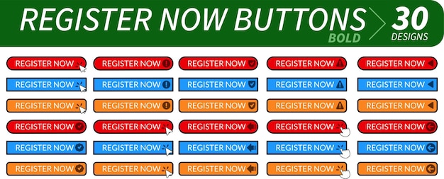 complete set of professional register now buttons with hand pointer arrow pointer and other related
