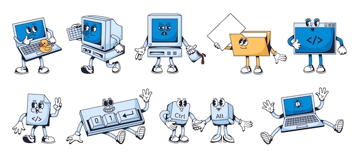 Vektor computer code mascots programming characters code file and terminal binary keyboard bug error laptop and pc vector illustration set