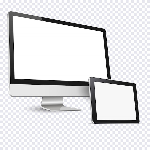 Computer display and tablet computer isolated on transparent background