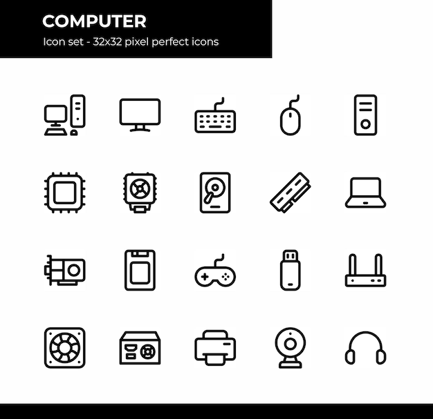 Computer hardware related icons set Simple line icons and editable stroke in 32 x 32 Pixel Perfect