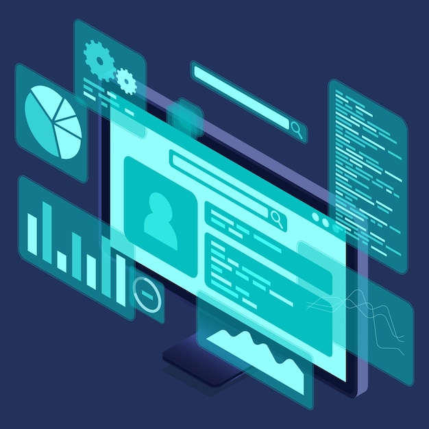 Computer monitor with blue virtual holographic projections with graphs and charts for data analysis Analytics data on monitor Web development concept Isometric technology