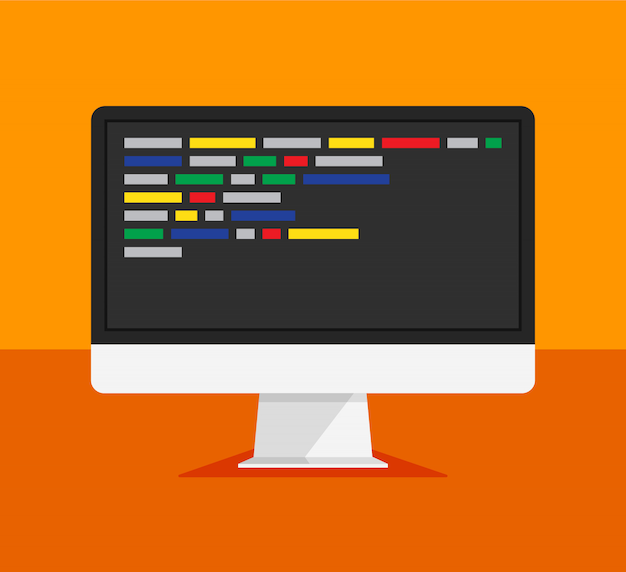 Computer monitor with code on a display. Web developer, design, programming. Coding concept. Isolated illustration.