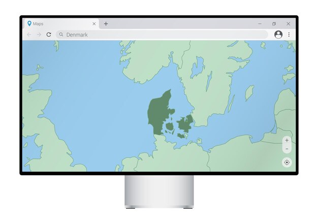 computer monitor with map of denmark in browser search for the country of denmark