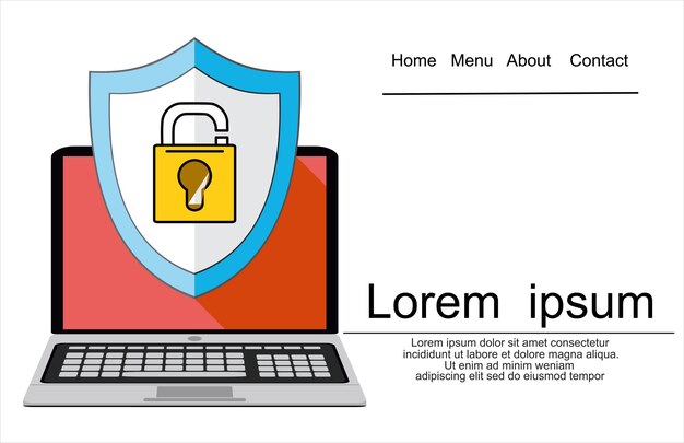 computer security, protect your laptop concepts. notebook and shield icon with padlock. flat design