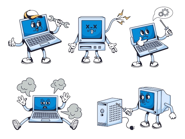 Computer service mascot Laptop repair character pc troubleshooting and IT technical support cartoon vector illustration set