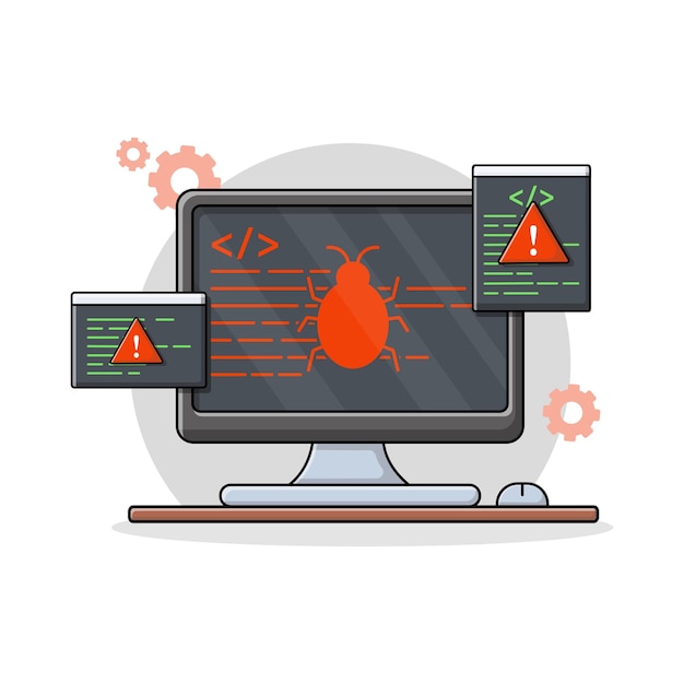 Computer with Bug Sign Vector Illustration Malware Virus Attack Concept Design