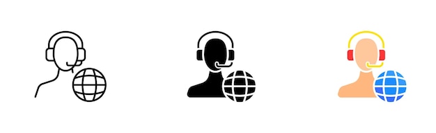 Computer worker with globe set icon Office statement operator call center support service headphones Hotline concept Vector icon in line black and colorful style on white background