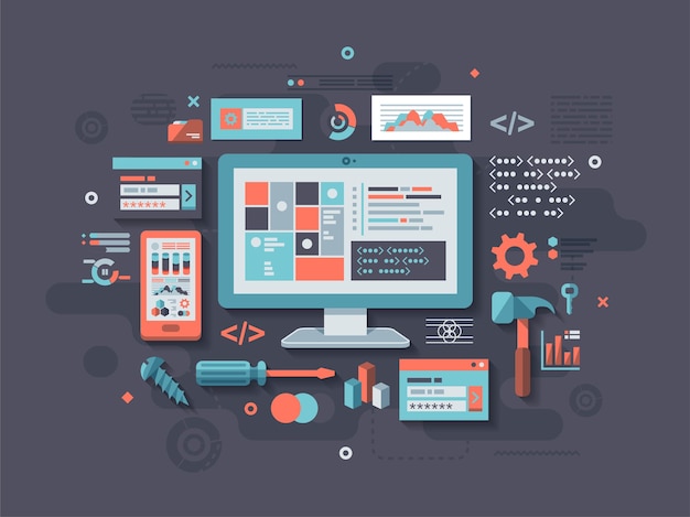 concept illustration with flat designstyled vectors themed on programming and coding eps 10 file