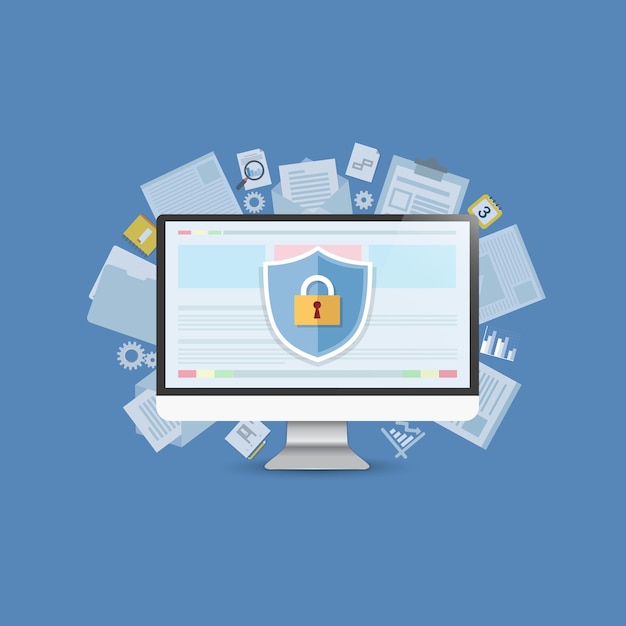 Concept is data security center Shield on Computer Desktop protect sensitive data Internet security Vector Illustration