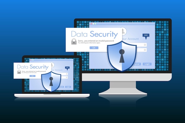 Concept is data security Shield on Computer Desktop or Labtop protect sensitive data Internet security Vector Illustration