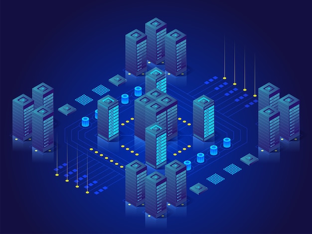 Concept of big data processing, energy station of future, server room rack, data center isometric  illustration