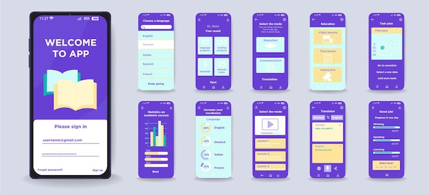 Concept of education mobile app in flat design Education screen templates change language