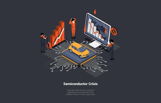concept of semiconductor crisis economy crisis microchips deficit for electric cars electronic circuit with microcontroller board and electric components isometric cartoon 3d vector illustration