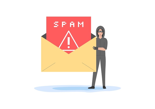 Concept Of Spamming Mailbox Cyber Crime And Hacker Attack Cheater In Face Mask Make Spam Mailing Using Malware Criminal Making Spam Mailing Cartoon Outline Linear Flat Style Vector Illustration