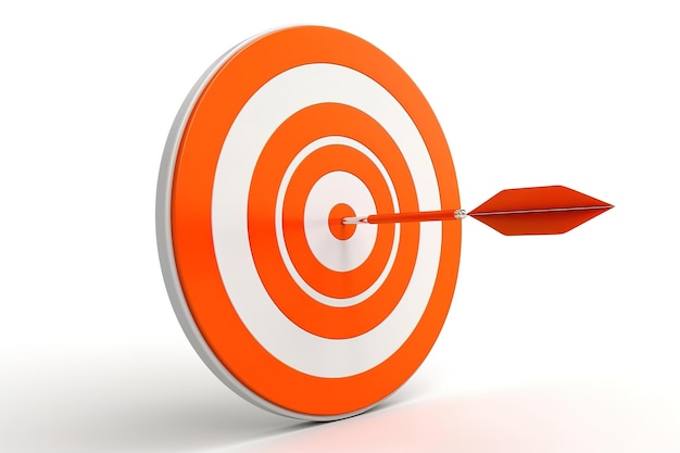 concept or conceptual orange dart target board with an arrow in the center isolated on white backgro