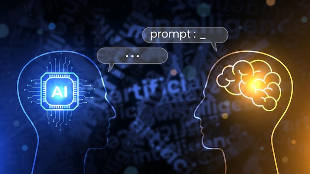 Conceptual illustration of a human interacting with an AI robot with the speech bubble AI vs human