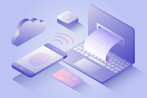 confirms the payment by mobile phone, sales printed receipt. pos terminal, electronic bill payment. 3d isometric nfc payment concept in flat design. illustration