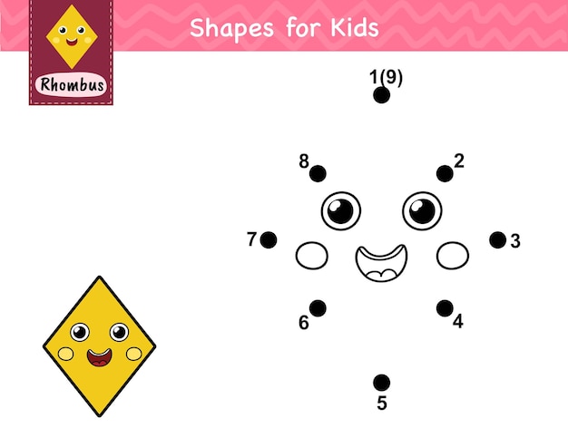 connect the dots and draw a cute rhombus character dot to dot number game for kids learning shape