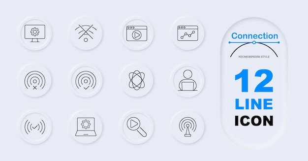 Connection set icon Monitor with settings WiFi off browser with play button browser with analytics user WiFi error WiFi success search play antenna Internet connectivity network status