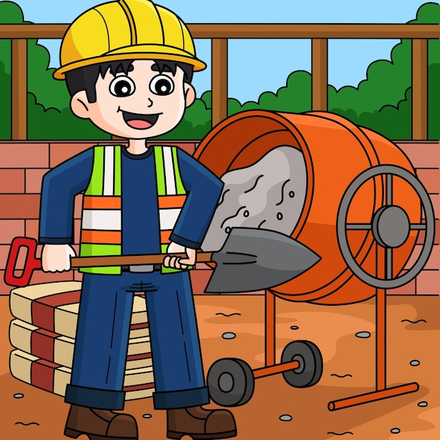 Construction worker mixing cement colored cartoon