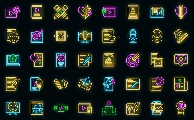 content plan icons set outline vector code website vector neon