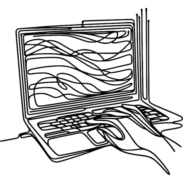 Continuous Line Art Laptop with Human Hands Typing OneLine Drawing