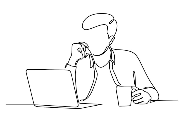 continuous line drawing of confident businessman using laptop while drinking coffee