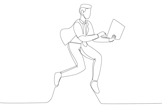continuous line illustration of excited guy jumping up with laptop in hands isolated on white background