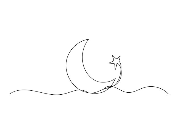continuous one line art crescent and star isolated vector illustration