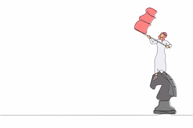 Continuous one line drawing Arab businessman standing on top big horse chess piece and waving flag