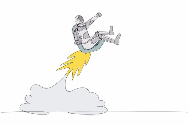 continuous one line drawing astronaut riding chair rocket flying in moon surface design vector