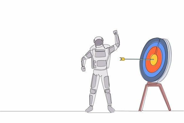 Continuous one line drawing astronaut with fist gesture in front of target board vector illustration