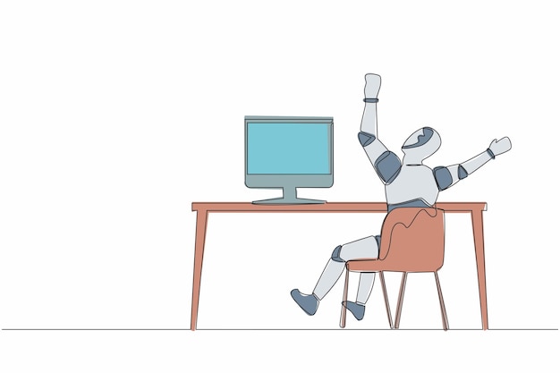 Continuous one line drawing back view of happy robot completed task and triumphing with raised hands