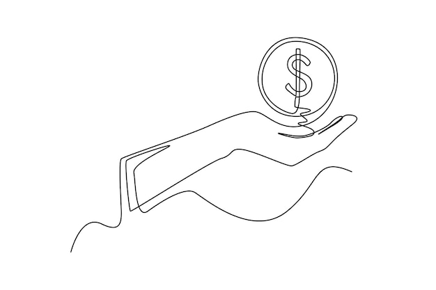 continuous one line drawing dollar coin above hand budget planning concept single line draw design vector graphic illustration